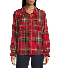 Intro Woven Pucker Plaid New Red Admore Point Collar 3/4 Rolled-Tab Sleeve Button Front Shirt