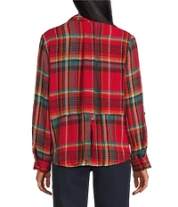 Intro Woven Pucker Plaid New Red Admore Point Collar 3/4 Rolled-Tab Sleeve Button Front Shirt