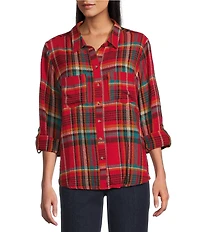 Intro Woven Pucker Plaid New Red Admore Point Collar 3/4 Rolled-Tab Sleeve Button Front Shirt