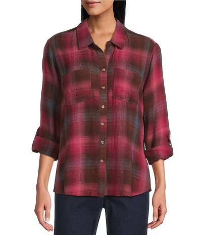Intro Woven Pucker Plaid Red Bud Point Collar 3/4 Rolled-Tab Sleeve Button Front Shirt