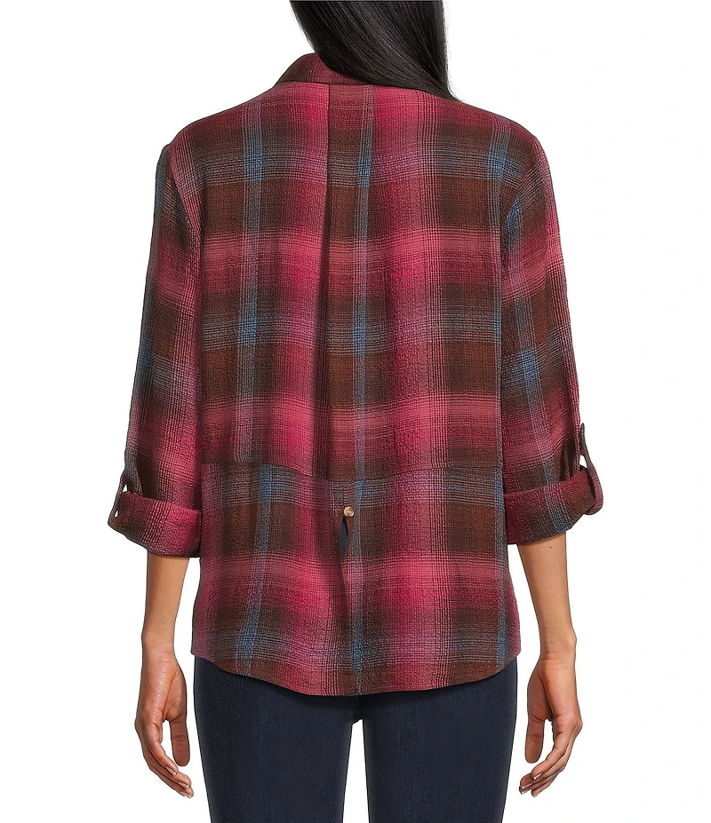 Intro Woven Pucker Plaid Red Bud Point Collar 3/4 Rolled-Tab Sleeve Button Front Shirt