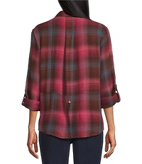 Intro Woven Pucker Plaid Red Bud Point Collar 3/4 Rolled-Tab Sleeve Button Front Shirt