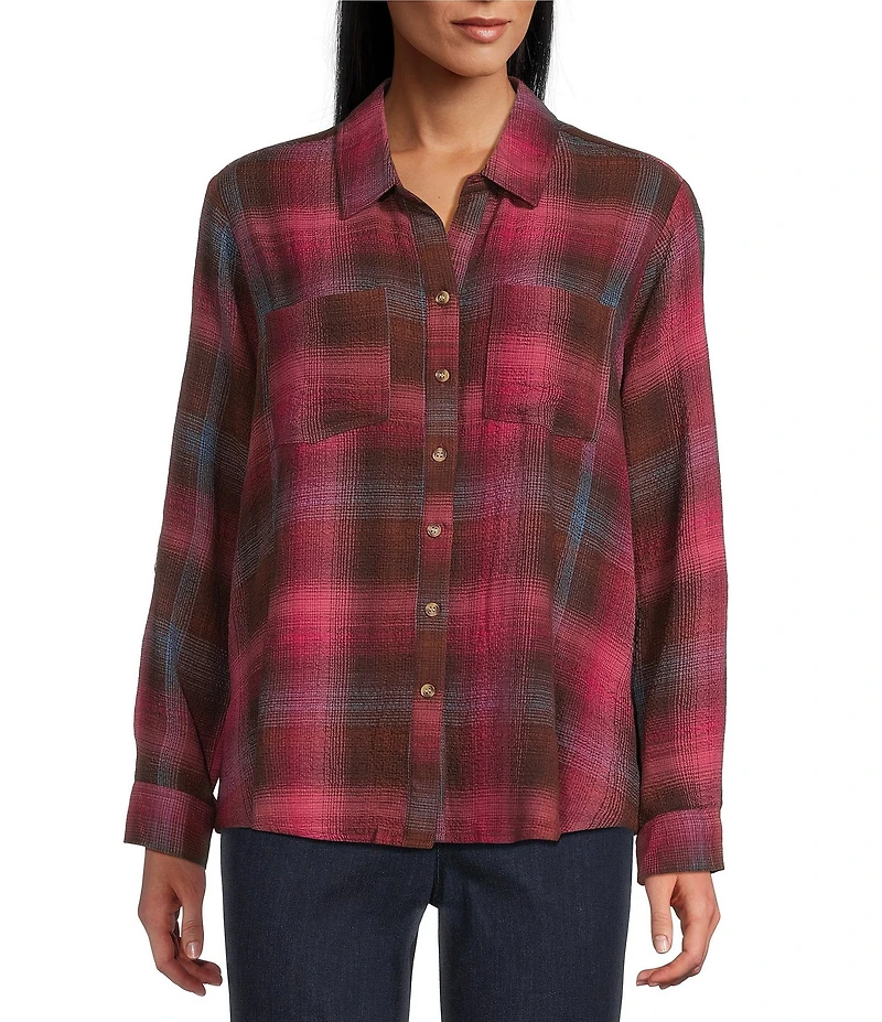 Intro Woven Pucker Plaid Red Bud Point Collar 3/4 Rolled-Tab Sleeve Button Front Shirt