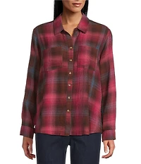 Intro Woven Pucker Plaid Red Bud Point Collar 3/4 Rolled-Tab Sleeve Button Front Shirt