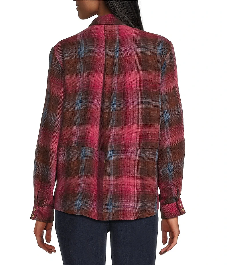 Intro Woven Pucker Plaid Red Bud Point Collar 3/4 Rolled-Tab Sleeve Button Front Shirt