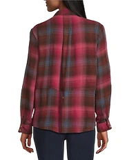 Intro Woven Pucker Plaid Red Bud Point Collar 3/4 Rolled-Tab Sleeve Button Front Shirt
