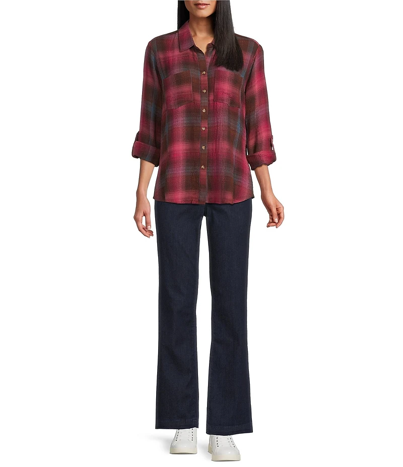 Intro Woven Pucker Plaid Red Bud Point Collar 3/4 Rolled-Tab Sleeve Button Front Shirt