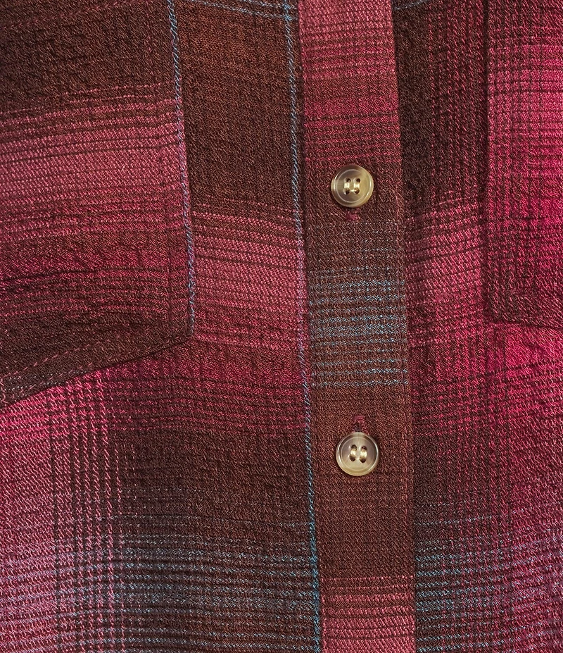 Intro Woven Pucker Plaid Red Bud Point Collar 3/4 Rolled-Tab Sleeve Button Front Shirt
