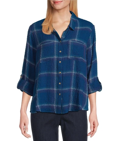 Intro Woven Pucker Plaid Turblence Point Collar 3/4 Rolled-Tab Sleeve Button Front Shirt
