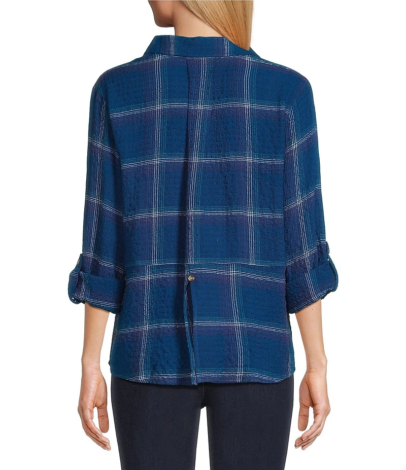 Intro Woven Pucker Plaid Turblence Point Collar 3/4 Rolled-Tab Sleeve Button Front Shirt