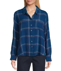 Intro Woven Pucker Plaid Turblence Point Collar 3/4 Rolled-Tab Sleeve Button Front Shirt