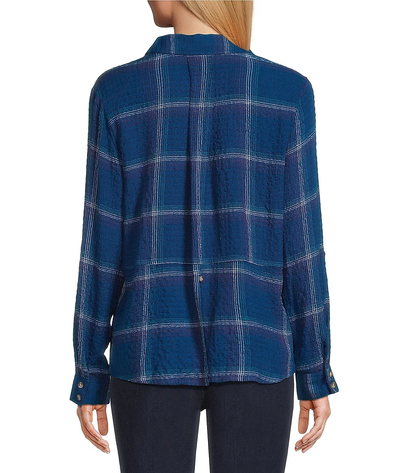 Intro Woven Pucker Plaid Turblence Point Collar 3/4 Rolled-Tab Sleeve Button Front Shirt