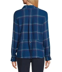 Intro Woven Pucker Plaid Turblence Point Collar 3/4 Rolled-Tab Sleeve Button Front Shirt