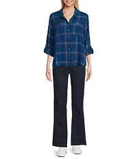 Intro Woven Pucker Plaid Turblence Point Collar 3/4 Rolled-Tab Sleeve Button Front Shirt