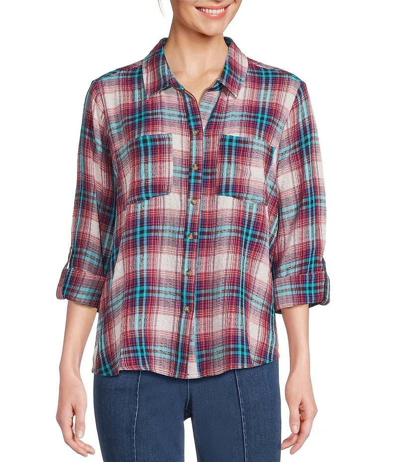 Intro Woven Pucker Plaid Wineberry Point Collar 3/4 Rolled-Tab Sleeve Button Front Shirt