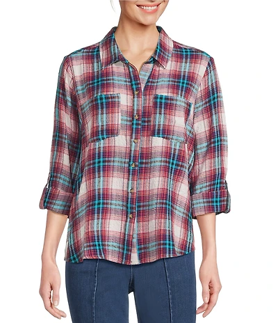 Intro Woven Pucker Plaid Wineberry Point Collar 3/4 Rolled-Tab Sleeve Button Front Shirt