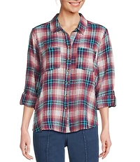 Intro Woven Pucker Plaid Wineberry Point Collar 3/4 Rolled-Tab Sleeve Button Front Shirt