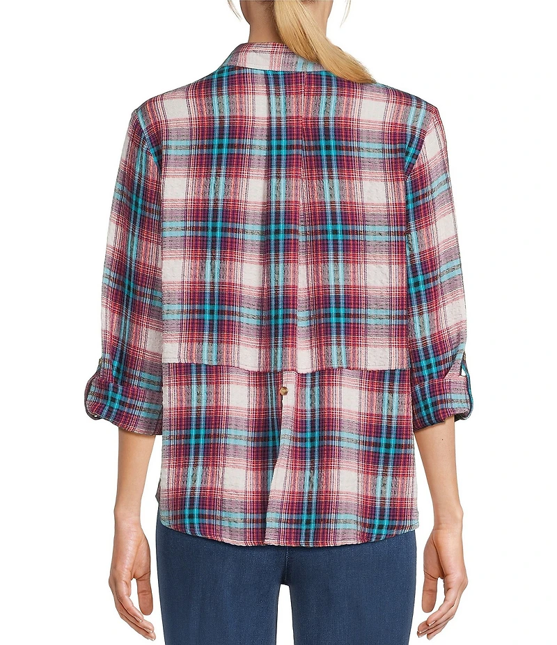 Intro Woven Pucker Plaid Wineberry Point Collar 3/4 Rolled-Tab Sleeve Button Front Shirt
