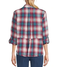 Intro Woven Pucker Plaid Wineberry Point Collar 3/4 Rolled-Tab Sleeve Button Front Shirt