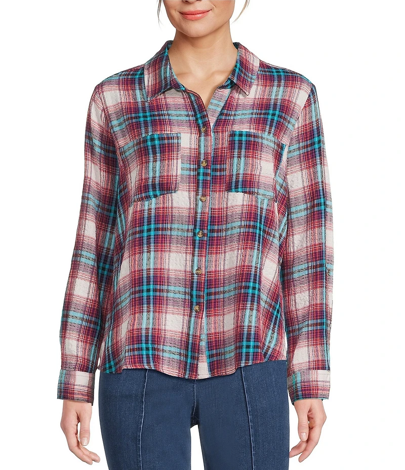 Intro Woven Pucker Plaid Wineberry Point Collar 3/4 Rolled-Tab Sleeve Button Front Shirt