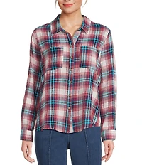 Intro Woven Pucker Plaid Wineberry Point Collar 3/4 Rolled-Tab Sleeve Button Front Shirt