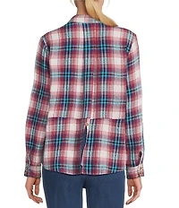 Intro Woven Pucker Plaid Wineberry Point Collar 3/4 Rolled-Tab Sleeve Button Front Shirt
