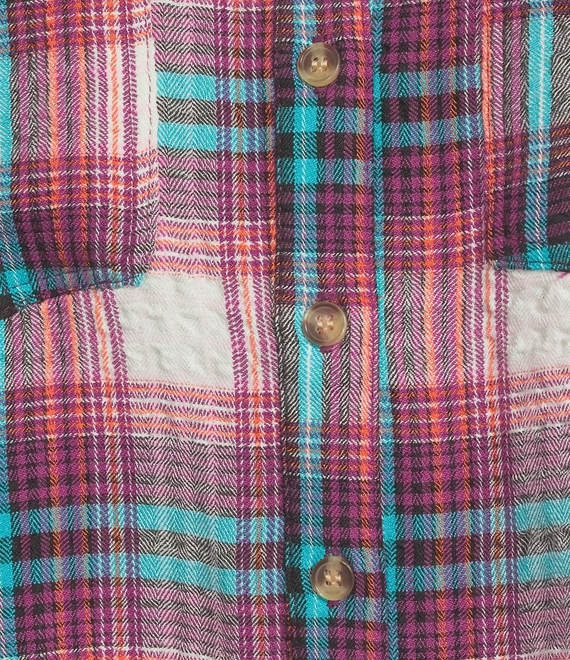 Intro Woven Pucker Plaid Wineberry Point Collar 3/4 Rolled-Tab Sleeve Button Front Shirt