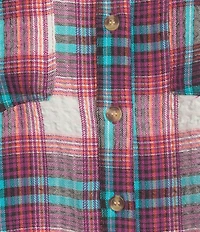Intro Woven Pucker Plaid Wineberry Point Collar 3/4 Rolled-Tab Sleeve Button Front Shirt