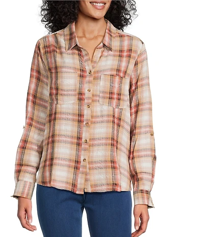 Intro Woven Pucker Plaid Wood Thrush Point Collar 3/4 Rolled-Tab Sleeve Button Front Shirt