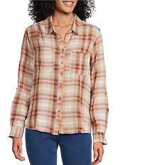 Intro Woven Pucker Plaid Wood Thrush Point Collar 3/4 Rolled-Tab Sleeve Button Front Shirt