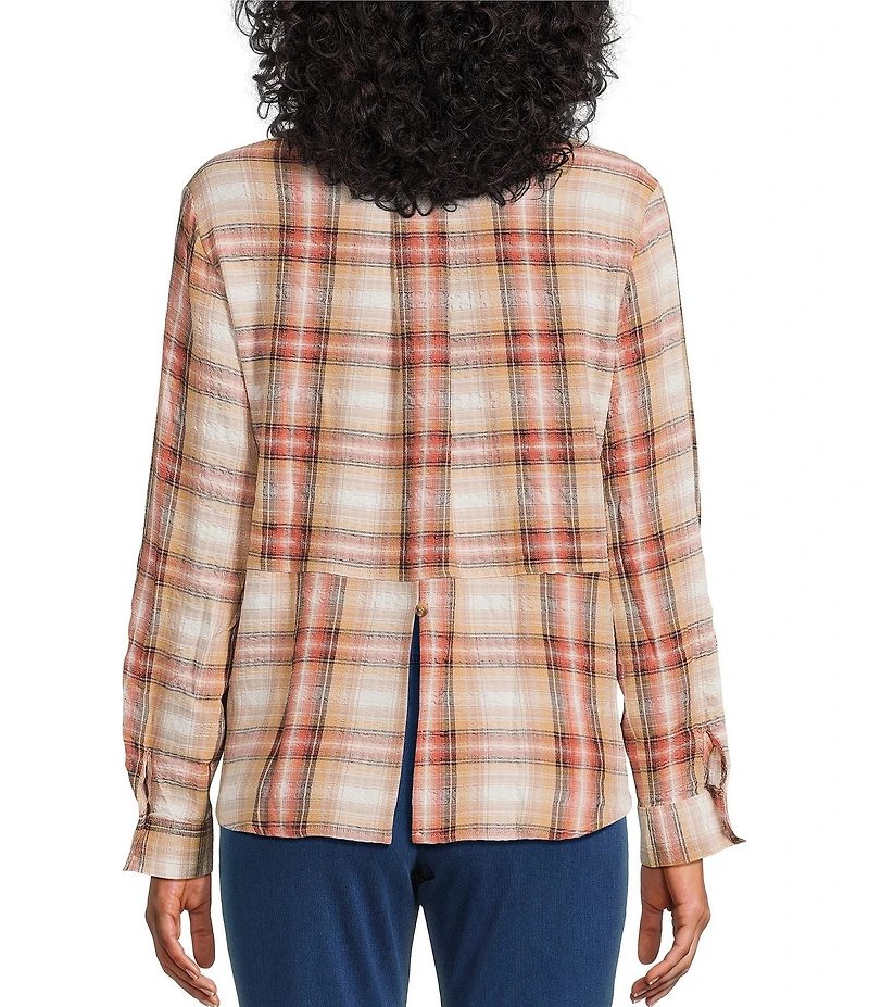 Intro Woven Pucker Plaid Wood Thrush Point Collar 3/4 Rolled-Tab Sleeve Button Front Shirt