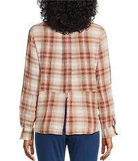 Intro Woven Pucker Plaid Wood Thrush Point Collar 3/4 Rolled-Tab Sleeve Button Front Shirt