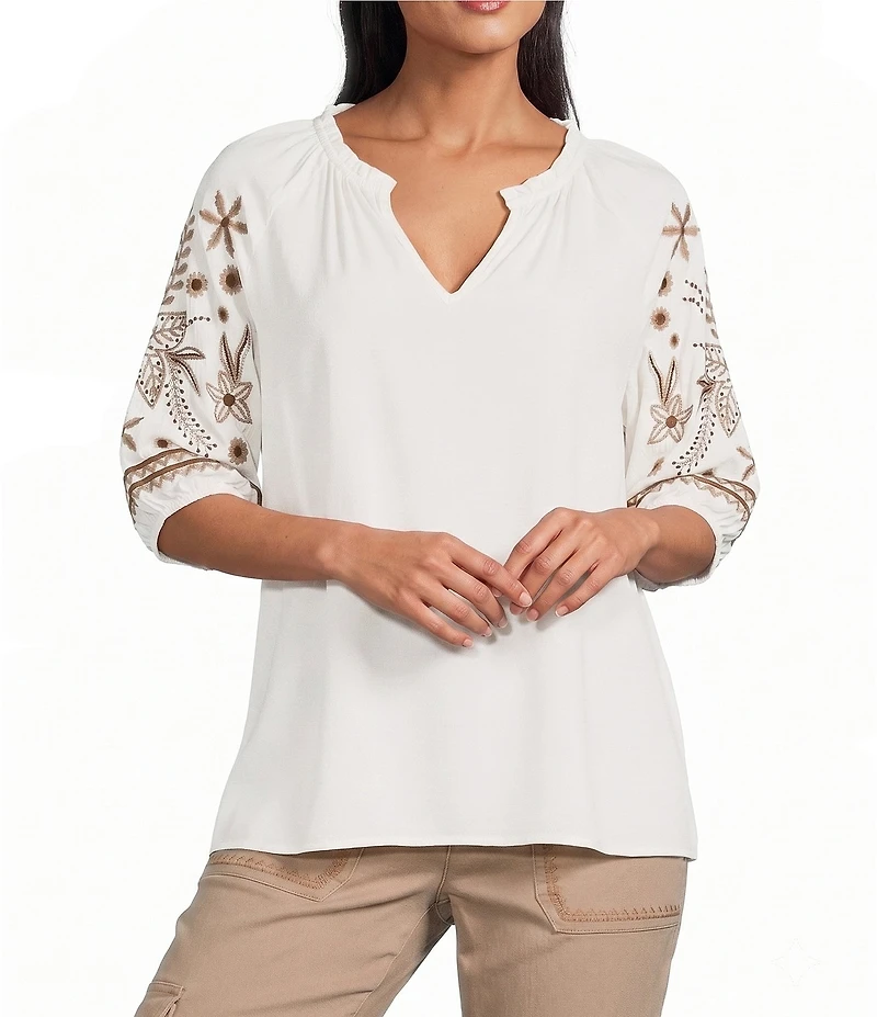 Intro Woven Split Ruffle V-Neck Embroidered Elbow Length Sleeve Top