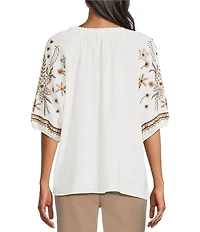 Intro Woven Split Ruffle V-Neck Embroidered Elbow Length Sleeve Top