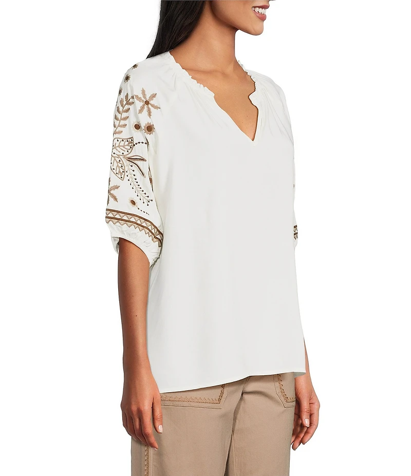 Intro Woven Split Ruffle V-Neck Embroidered Elbow Length Sleeve Top