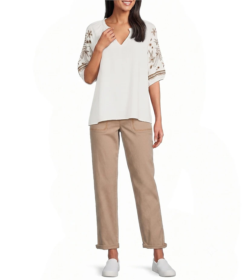 Intro Woven Split Ruffle V-Neck Embroidered Elbow Length Sleeve Top