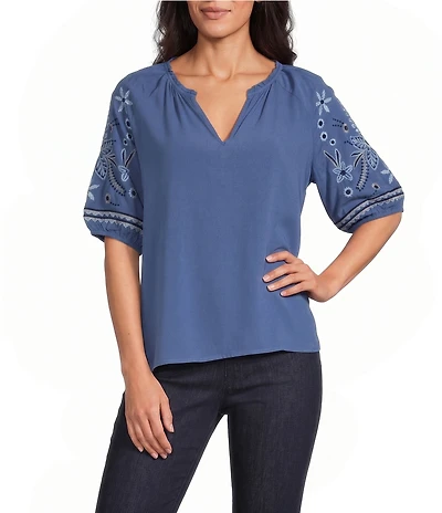 Intro Woven Split Ruffle V-Neck Embroidered Elbow Length Sleeve Top