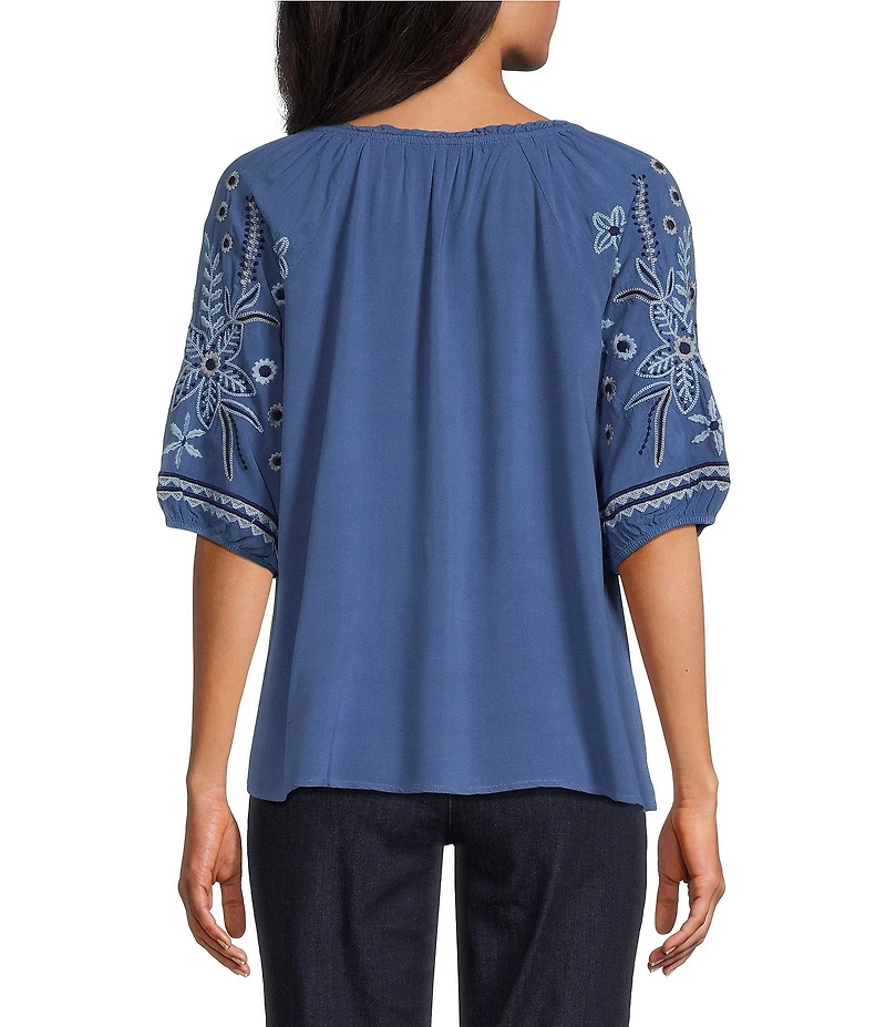Intro Woven Split Ruffle V-Neck Embroidered Elbow Length Sleeve Top