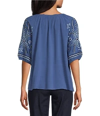 Intro Woven Split Ruffle V-Neck Embroidered Elbow Length Sleeve Top