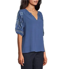 Intro Woven Split Ruffle V-Neck Embroidered Elbow Length Sleeve Top