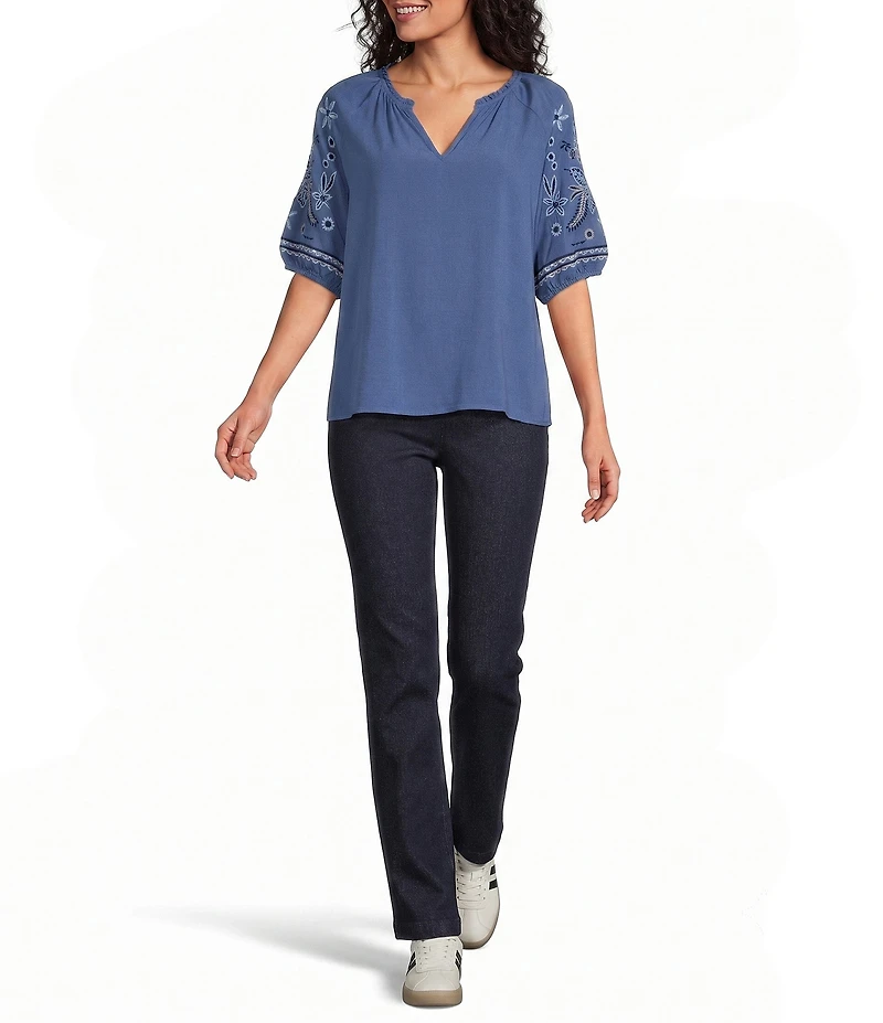 Intro Woven Split Ruffle V-Neck Embroidered Elbow Length Sleeve Top