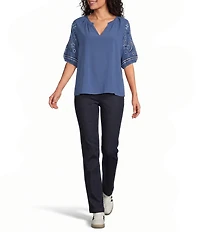 Intro Woven Split Ruffle V-Neck Embroidered Elbow Length Sleeve Top