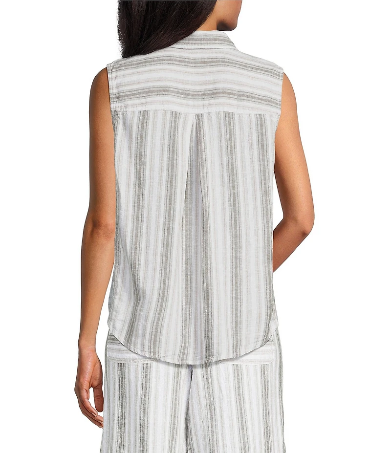 Intro Woven Stripe Coordinating Point Collar Sleeveless Button-Front Tie Hem Shirt