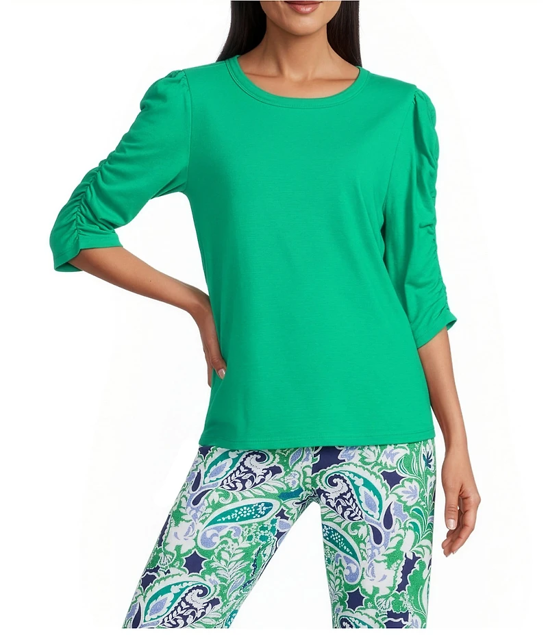Investments 3/4 Ruched Sleeve Crew Neck Top