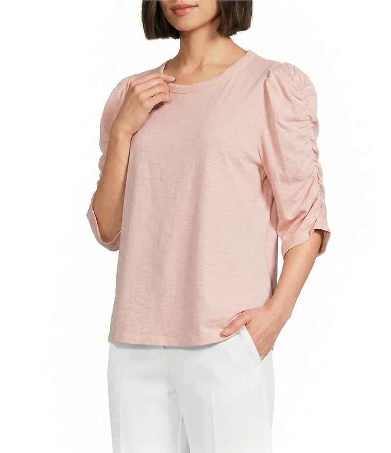 Investments 3/4 Ruched Sleeve Crew Neck Top