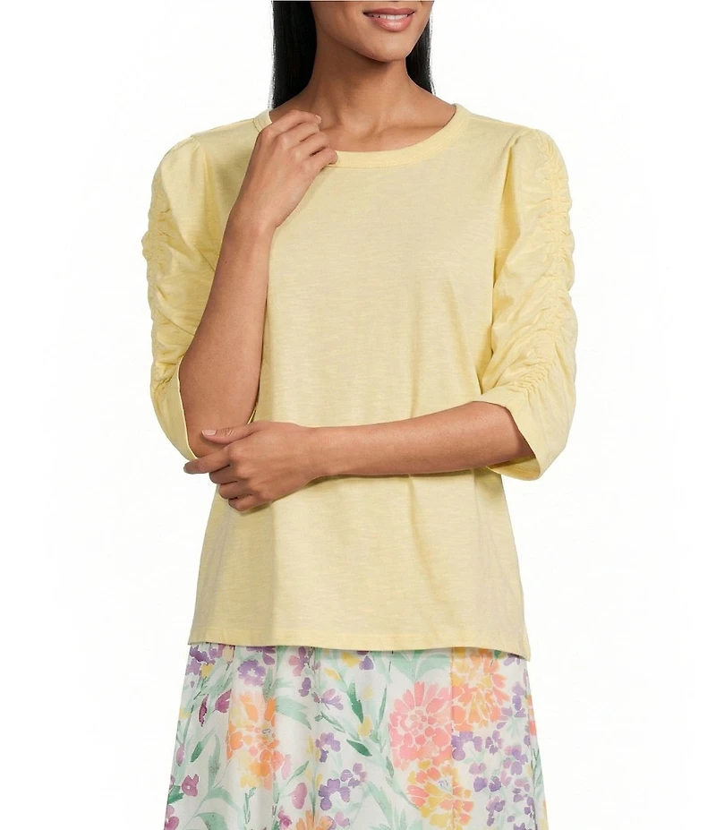 Investments 3/4 Ruched Sleeve Crew Neck Top