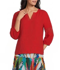 Investments 3/4 Sleeve Embroidery Trim Split V-Neck Coordinating Blouse