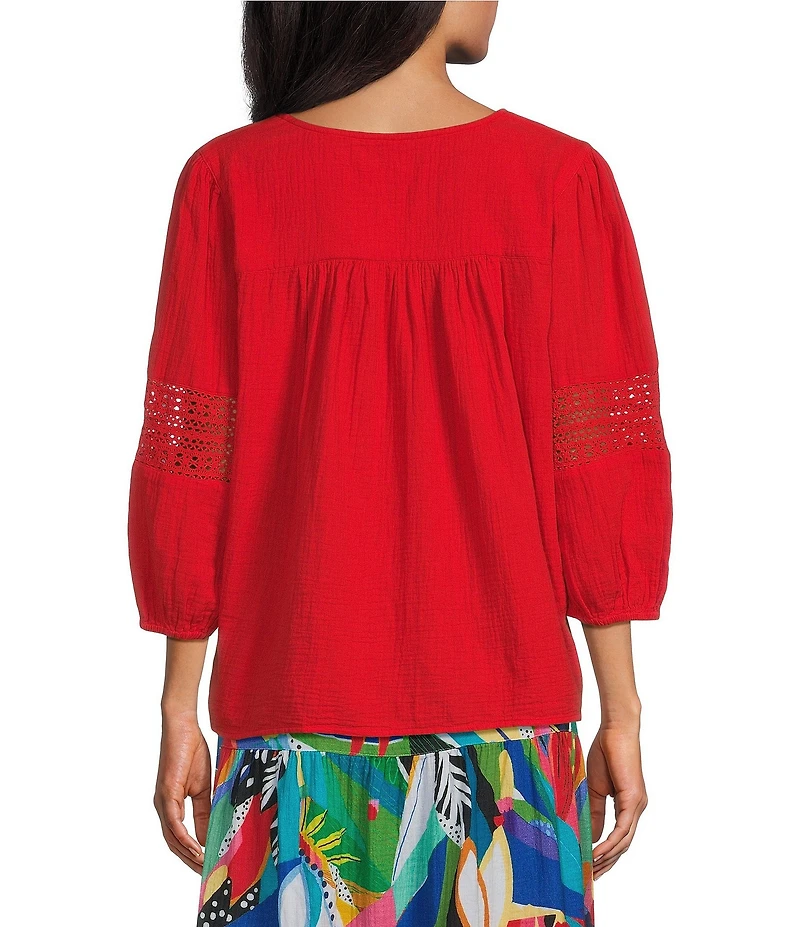 Investments 3/4 Sleeve Embroidery Trim Split V-Neck Coordinating Blouse
