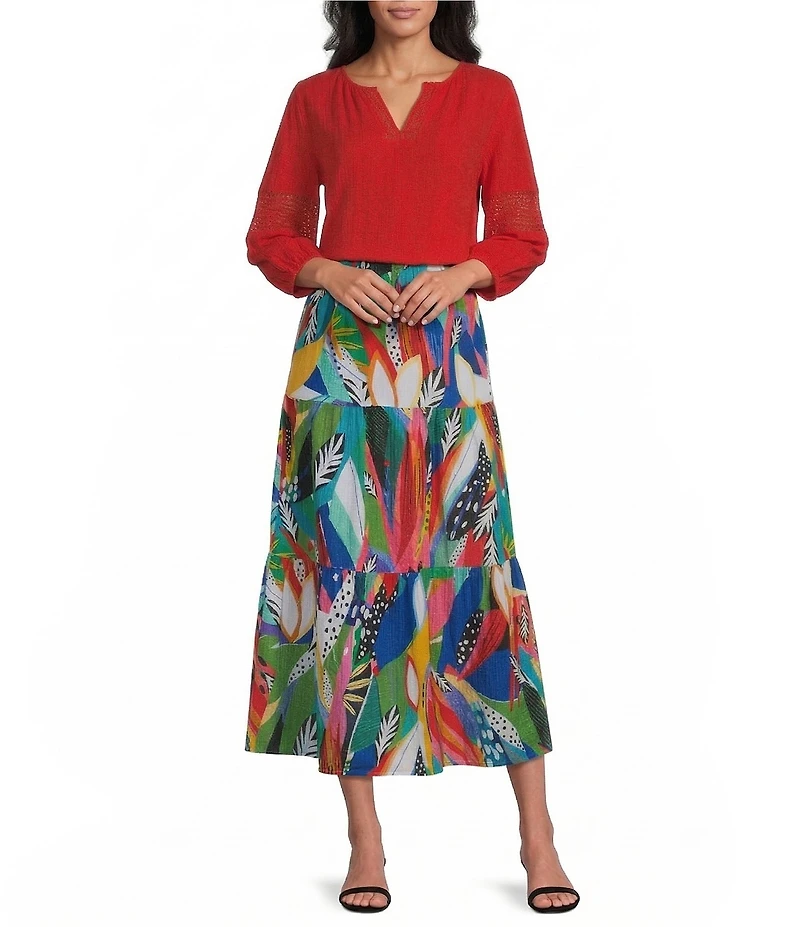 Investments 3/4 Sleeve Embroidery Trim Split V-Neck Coordinating Blouse