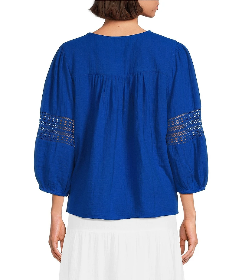 Investments 3/4 Sleeve Embroidery Trim Split V-Neck Coordinating Blouse